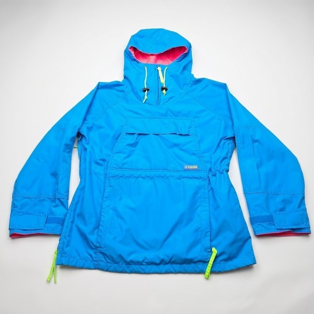 Vintage Columbia Womens M Anorak Windbreaker Blue Neon Pink 90s Pullover Jacket